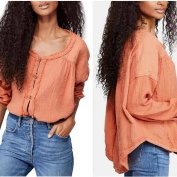 Free People Moving Mountains Oversized Shirt Long Sleeve Raw Hem Size S - Picture 2 of 7